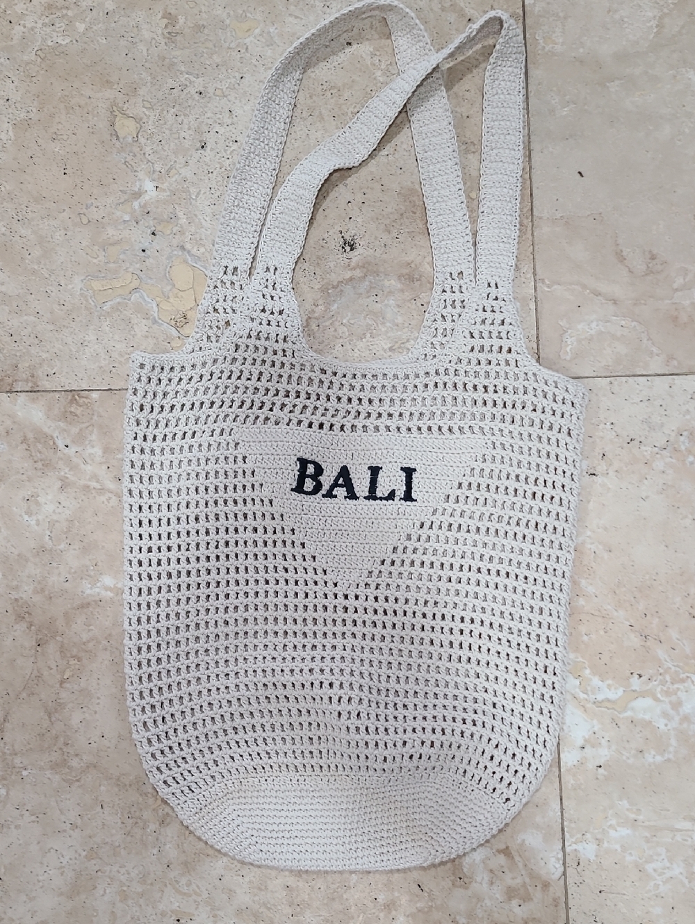 Bali Cream Crochet Tote with Black Lettering
